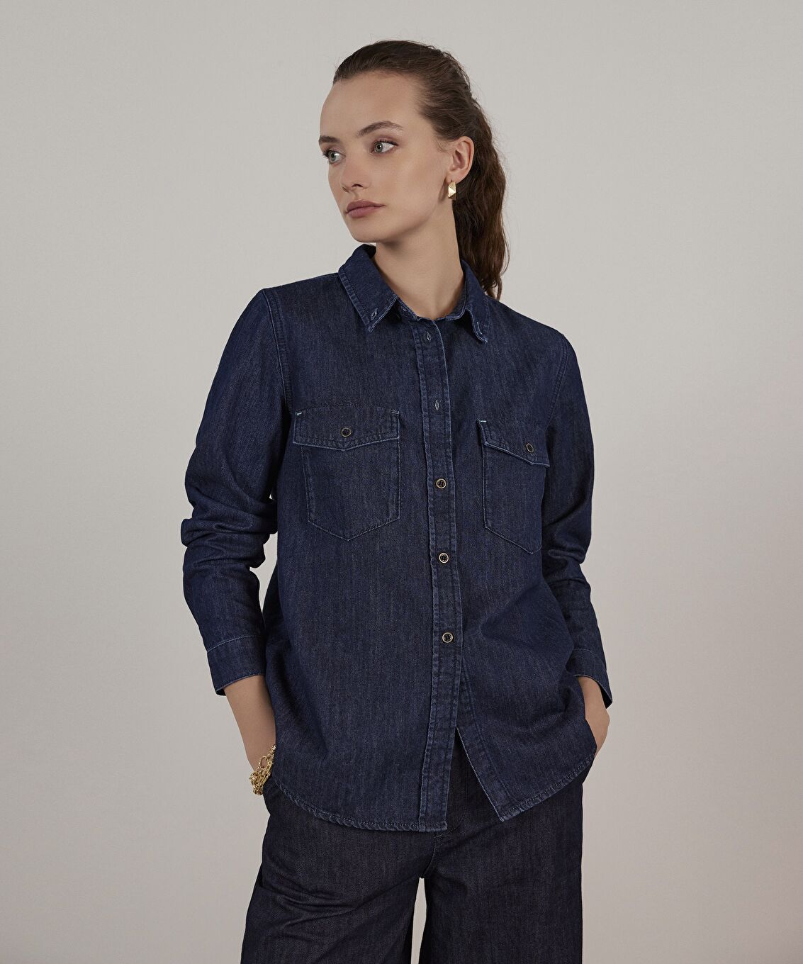 Cep Detaylı Denim Gömlek