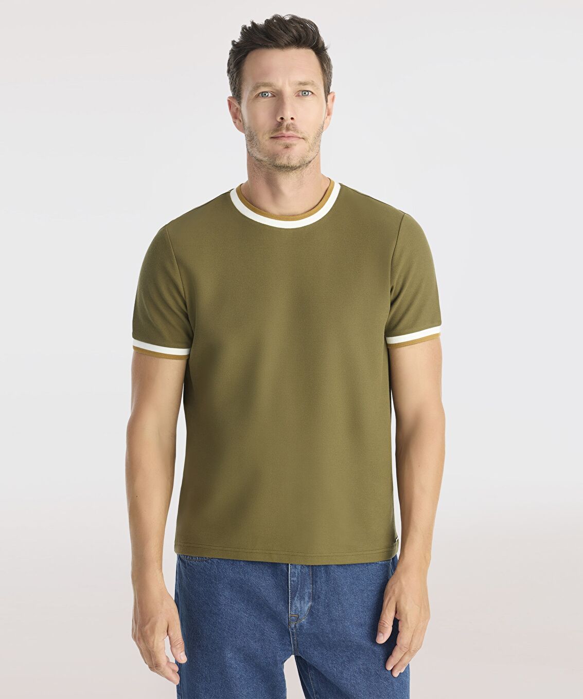 Ribana Detaylı Erkek Bisiklet Yaka T-shirt