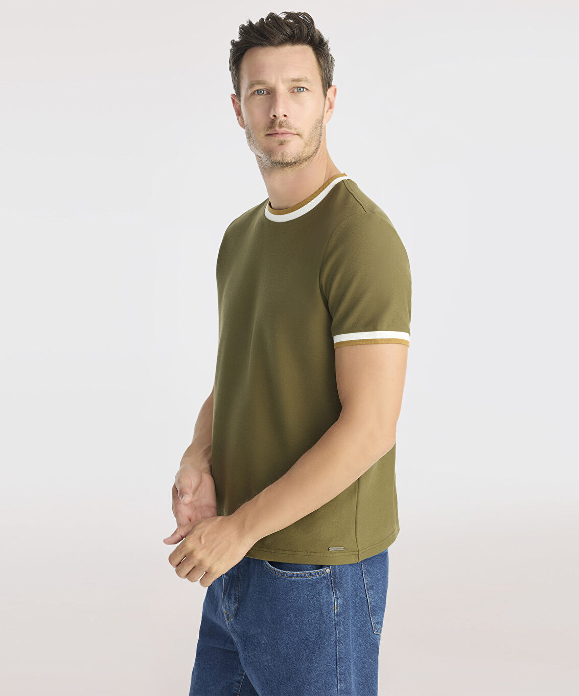 Ribana Detaylı Erkek Bisiklet Yaka T-shirt