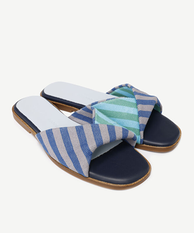 Deri Kumaş Karışımı Çizgili Terlik