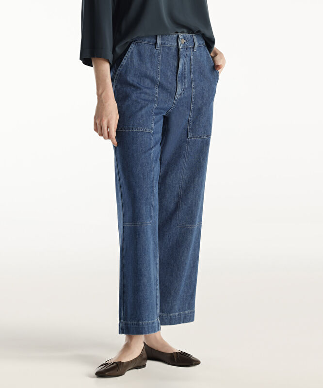 Dikiş Detaylı Geniş Düz Kesim Yüksek Bel Denim Pantolon