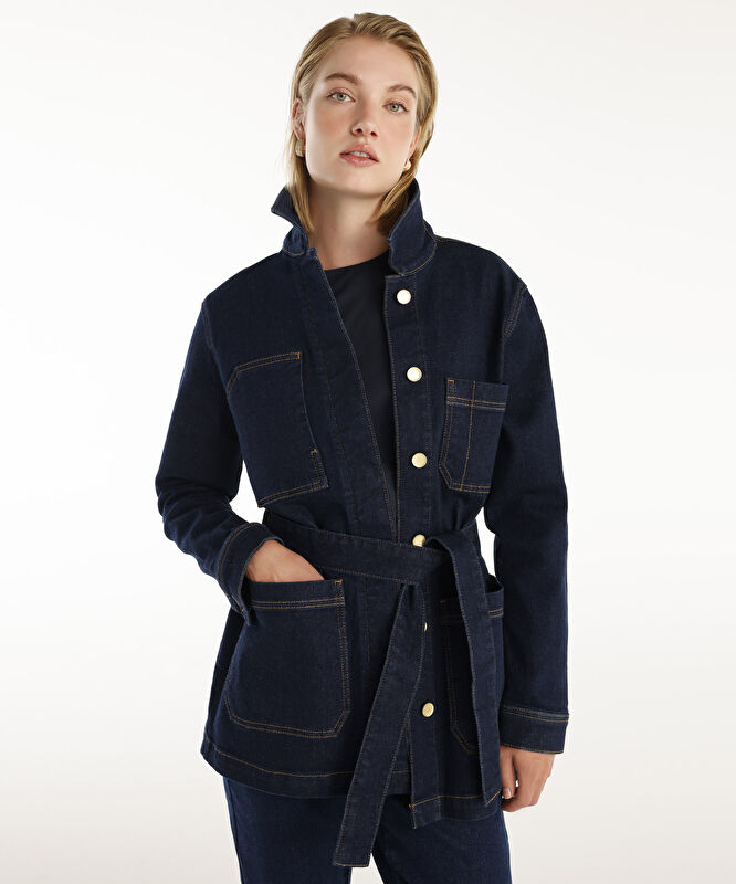 Cep Detaylı Kemerli Denim Pardösü