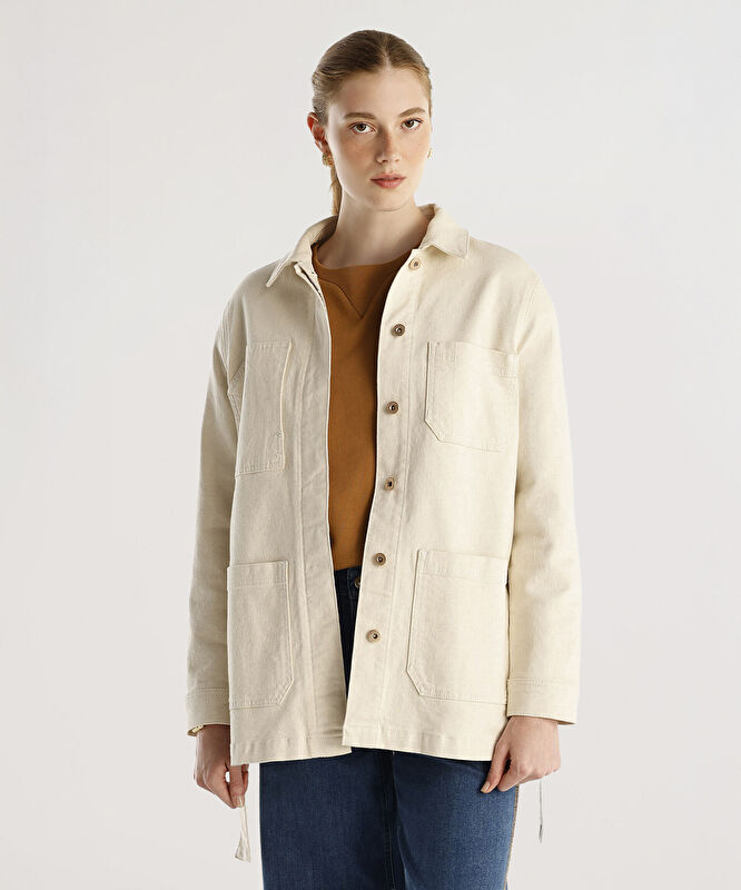 Cep Detaylı Kemerli Denim Pardösü