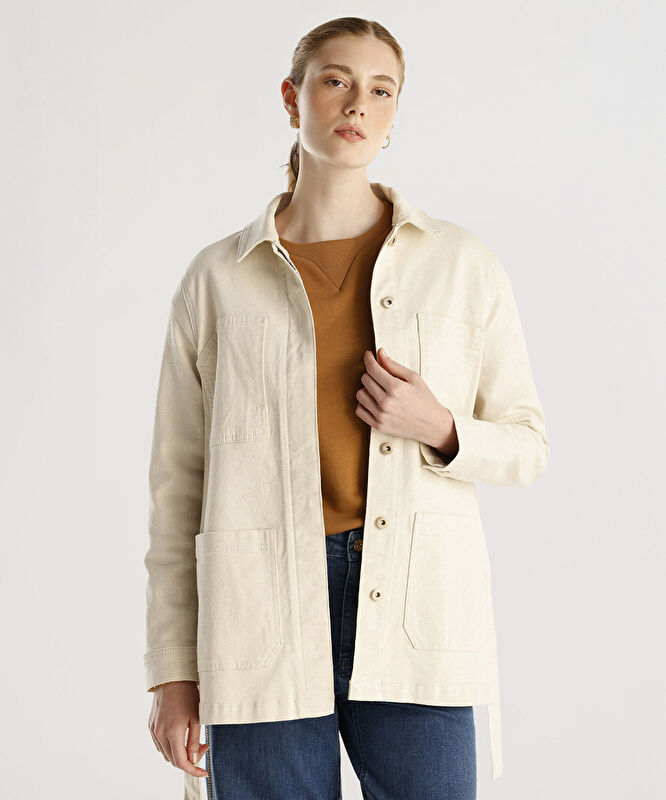 Cep Detaylı Kemerli Denim Pardösü