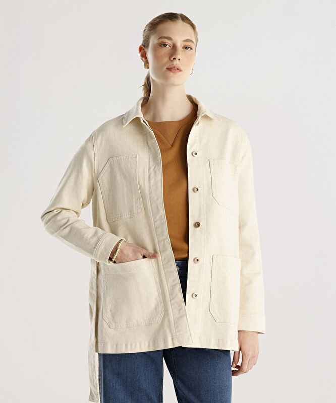 Cep Detaylı Kemerli Denim Pardösü