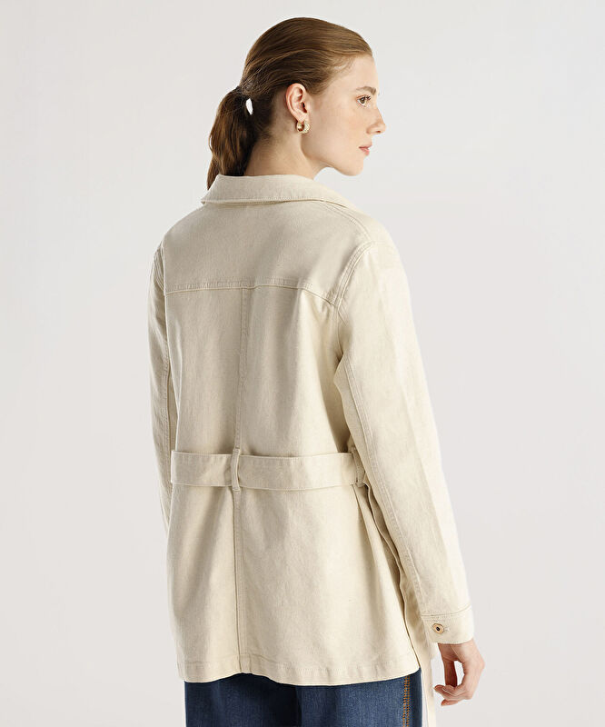 Cep Detaylı Kemerli Denim Pardösü