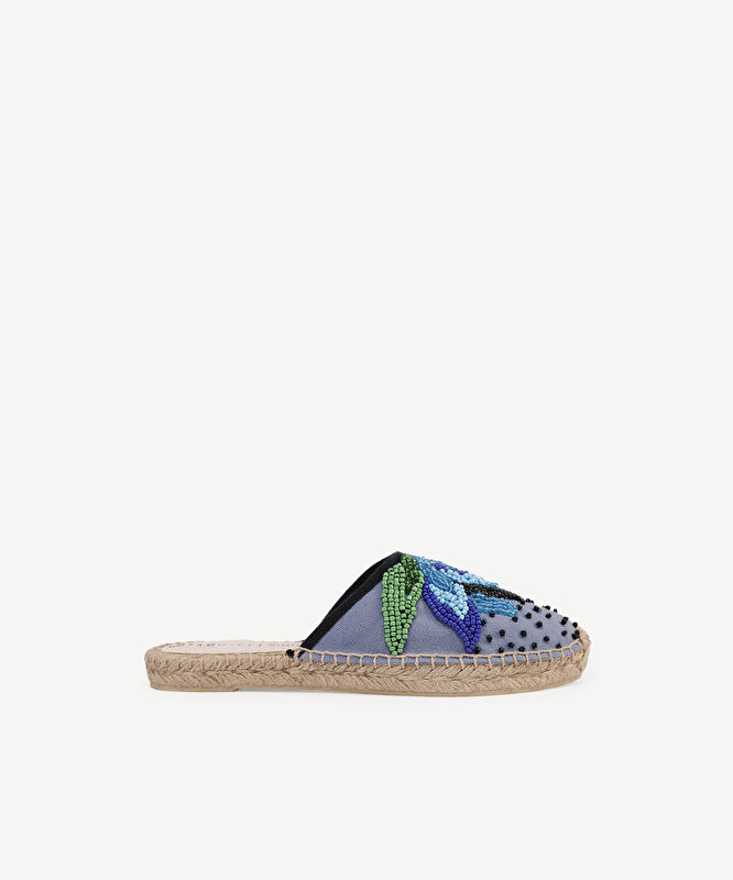 Kanvas Üzerine Lotus Boncuk İşleme Espadril Terlik