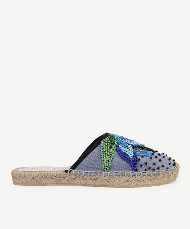 Kanvas Üzerine Lotus Boncuk İşleme Espadril Terlik