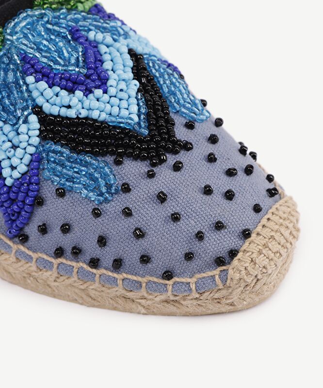 Kanvas Üzerine Lotus Boncuk İşleme Espadril Terlik