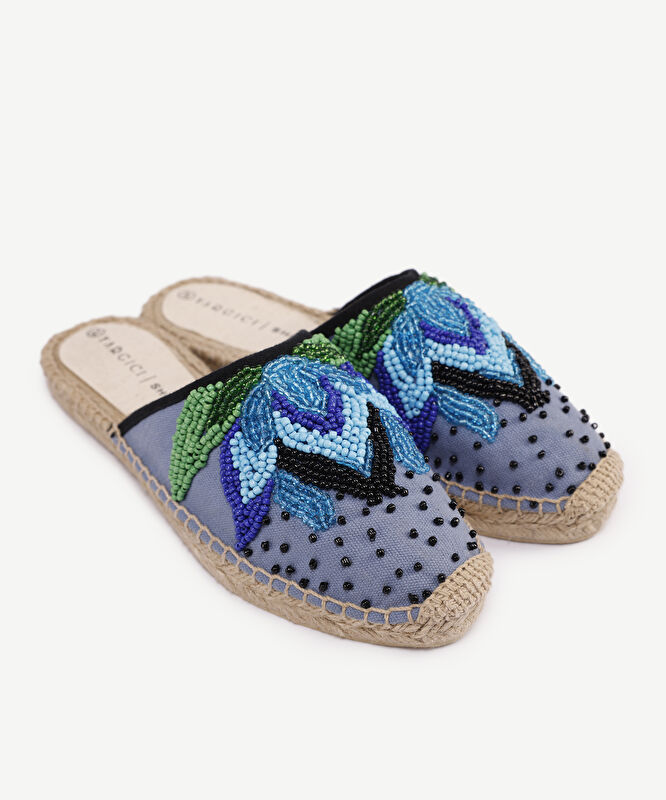 Kanvas Üzerine Lotus Boncuk İşleme Espadril Terlik