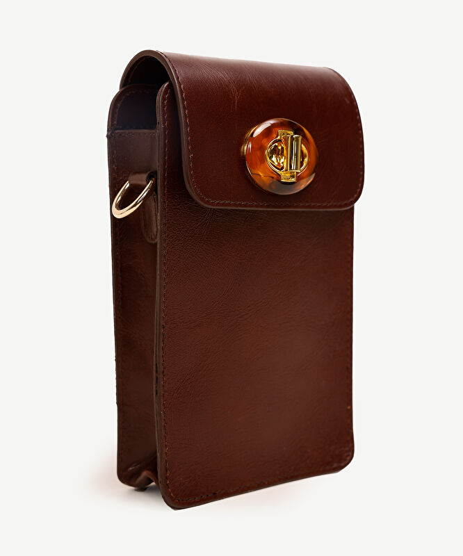 Kilit Detaylı Deri Telefon Çantası