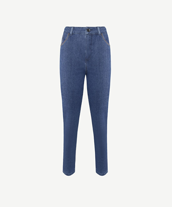 Düz Kesim Saat Cep Detaylı Denim Pantolon