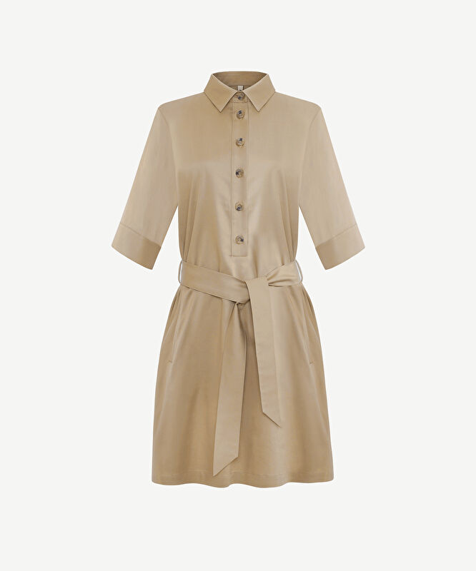 Düz Gömlek Yaka 3/4 Kol Elbise