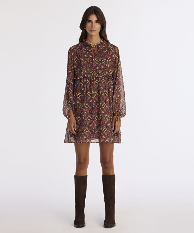 Bol Boyundan Bağlamalı Yaka Uzun Kol Elbise