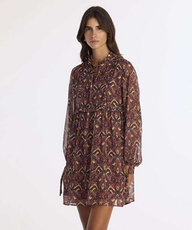 Bol Boyundan Bağlamalı Yaka Uzun Kol Elbise