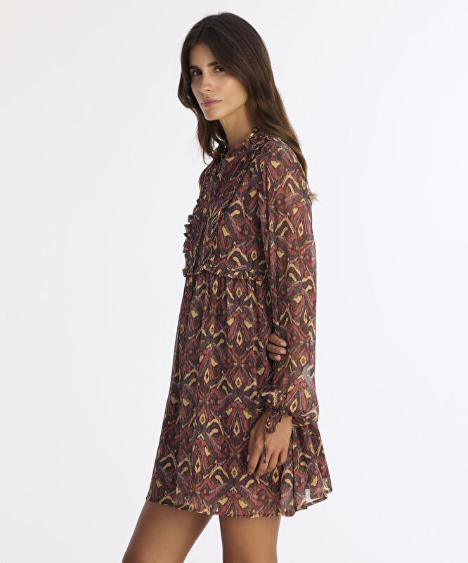 Bol Boyundan Bağlamalı Yaka Uzun Kol Elbise