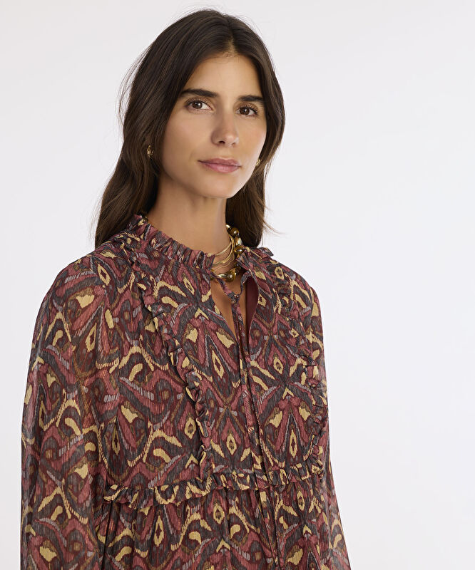 Bol Boyundan Bağlamalı Yaka Uzun Kol Elbise