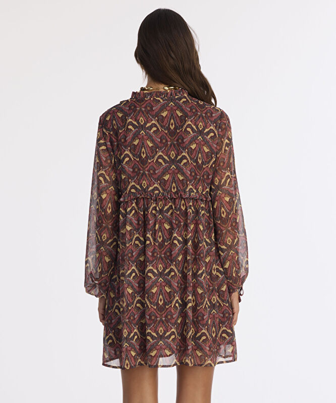 Bol Boyundan Bağlamalı Yaka Uzun Kol Elbise