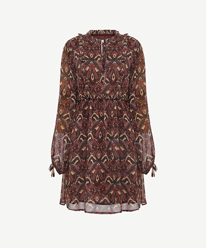 Bol Boyundan Bağlamalı Yaka Uzun Kol Elbise