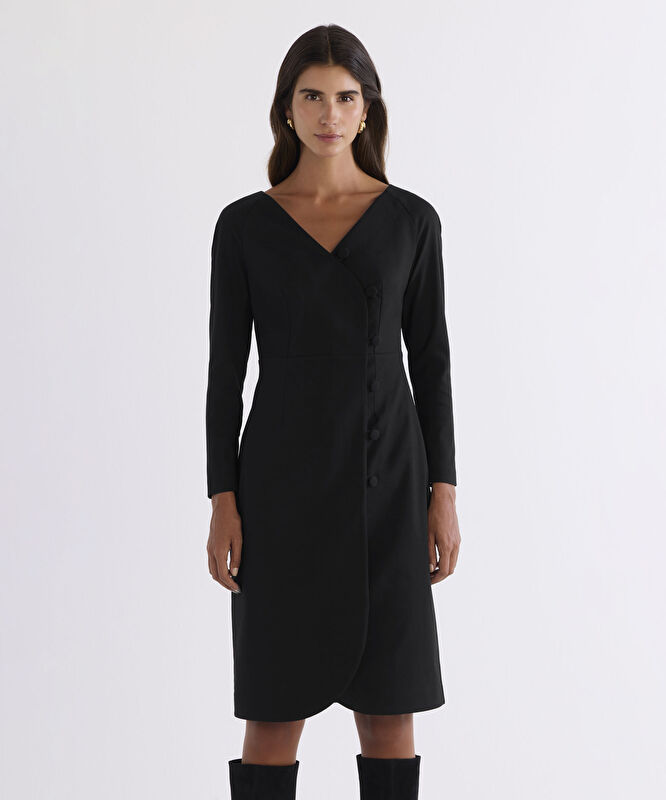 Düğmeli Dizaltı Elbise