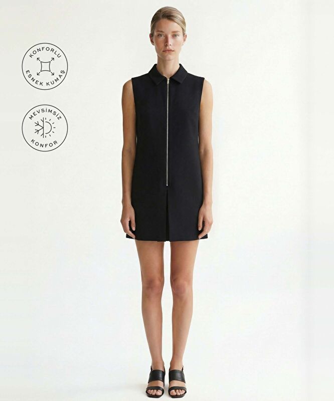 Düz Gömlek Yaka Kolsuz Elbise