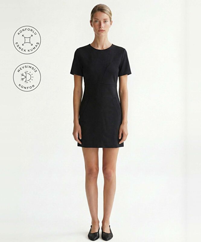 Düz Bisiklet Yaka Kısa Kol Elbise