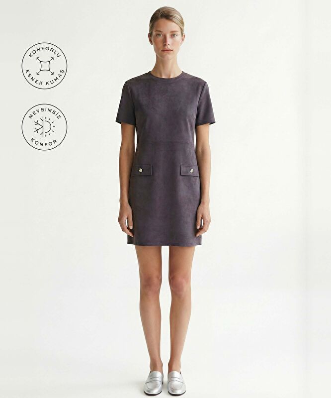 Düz Bisiklet Yaka Kısa Kol Elbise