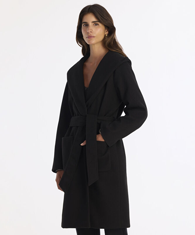 Kapüşonlu Ve Kemerli Uzun Palto