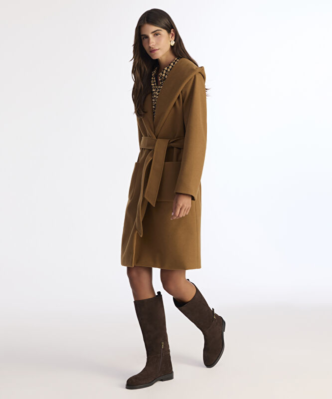 Kapüşonlu Ve Kemerli Uzun Palto