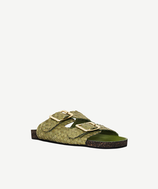 Çift Bantlı Tokalı Örgü Deri Terlik