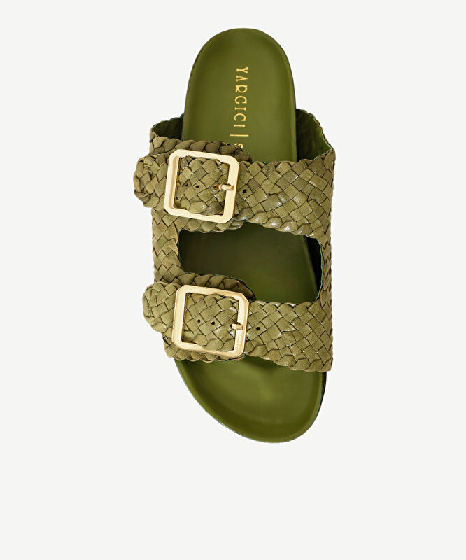 Çift Bantlı Tokalı Örgü Deri Terlik