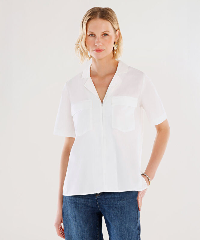 Önü Fermuarlı Kısa Kollu Bluz