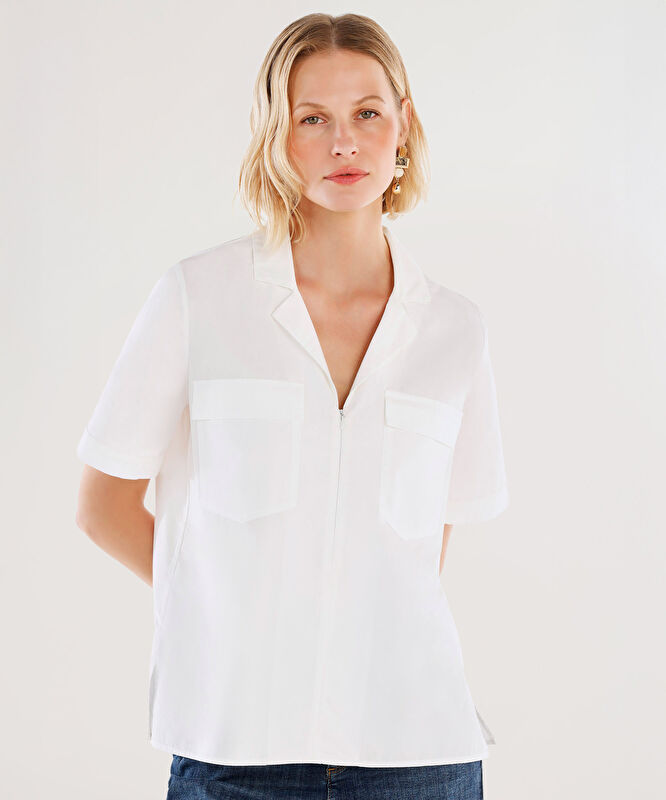 Önü Fermuarlı Kısa Kollu Bluz