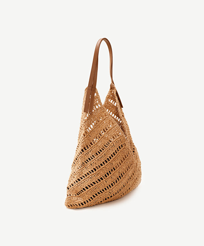 Deri Sap Detaylı Örgü Rafya Omuz Çantası