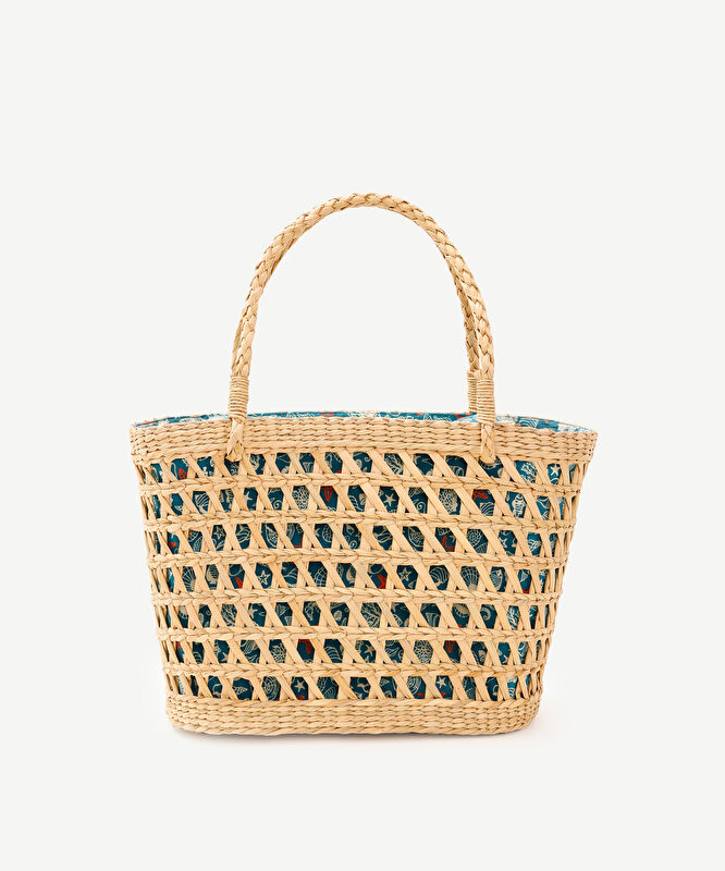 Desen Kumaş Astarlı Rattan Çanta