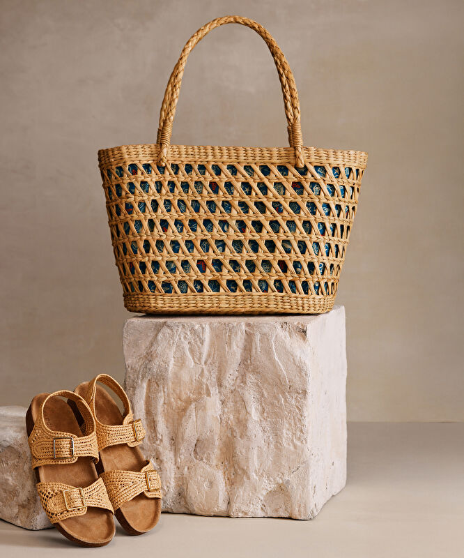 Desen Kumaş Astarlı Rattan Çanta