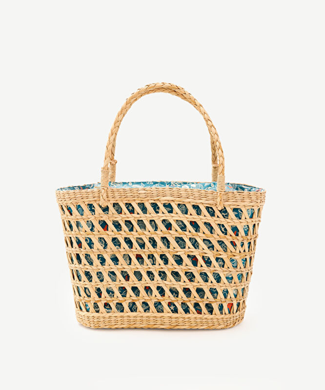 Desen Kumaş Astarlı Rattan Çanta