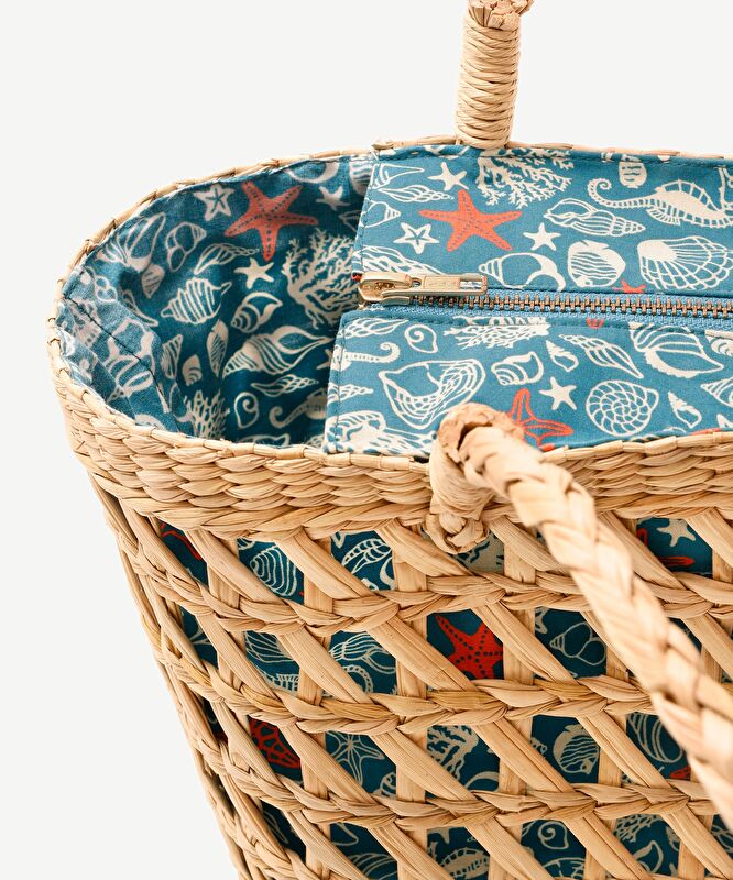 Desen Kumaş Astarlı Rattan Çanta