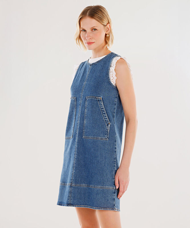 Cepli Kısa Denim Elbise