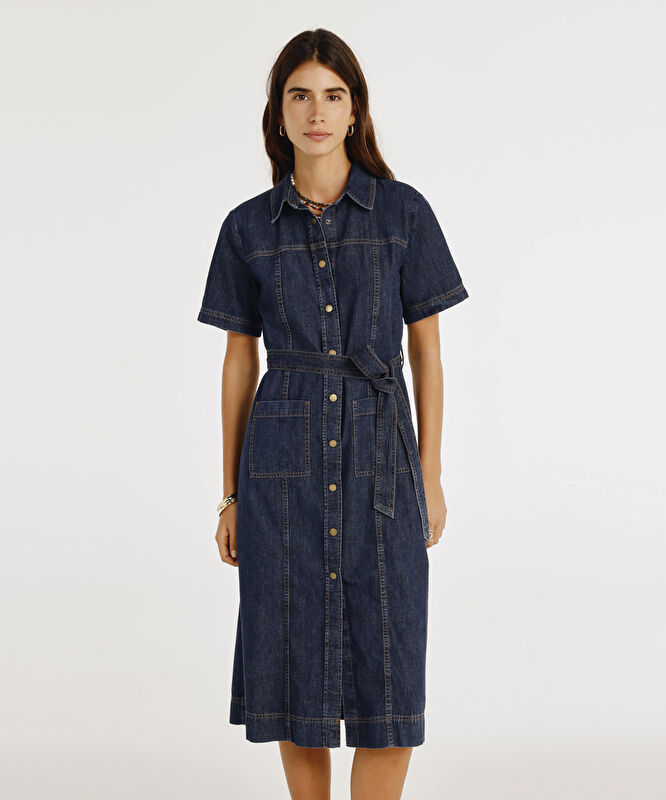 Kemerli Kısa Kollu Midi Boy Denim Elbise
