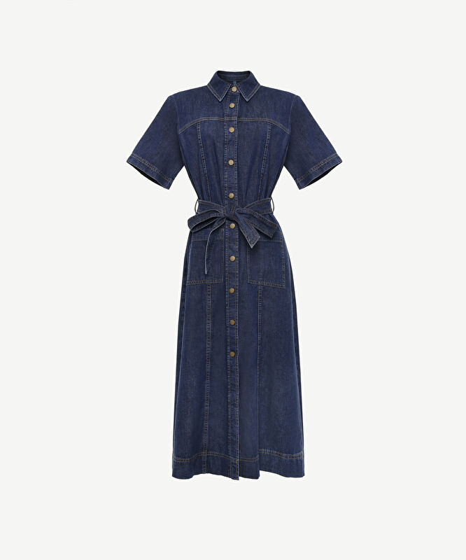 Kemerli Kısa Kollu Midi Boy Denim Elbise
