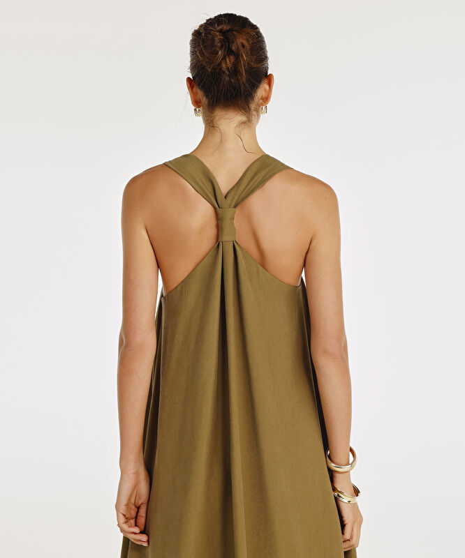 Düğüm Askı Detaylı V Yaka Uzun Boy Elbise