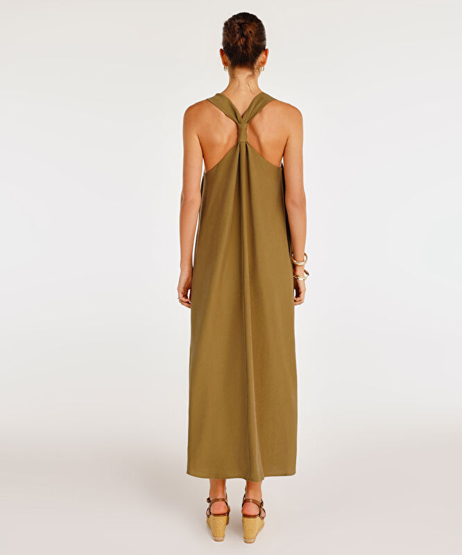 Düğüm Askı Detaylı V Yaka Uzun Boy Elbise