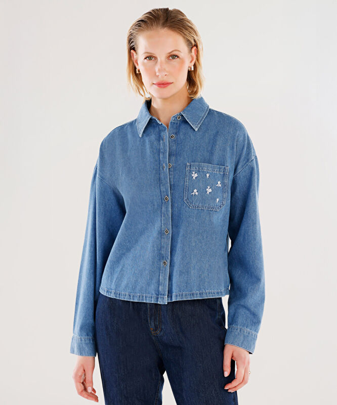 Nakışlı Detaylı Uzun Kollu Denim Gömlek