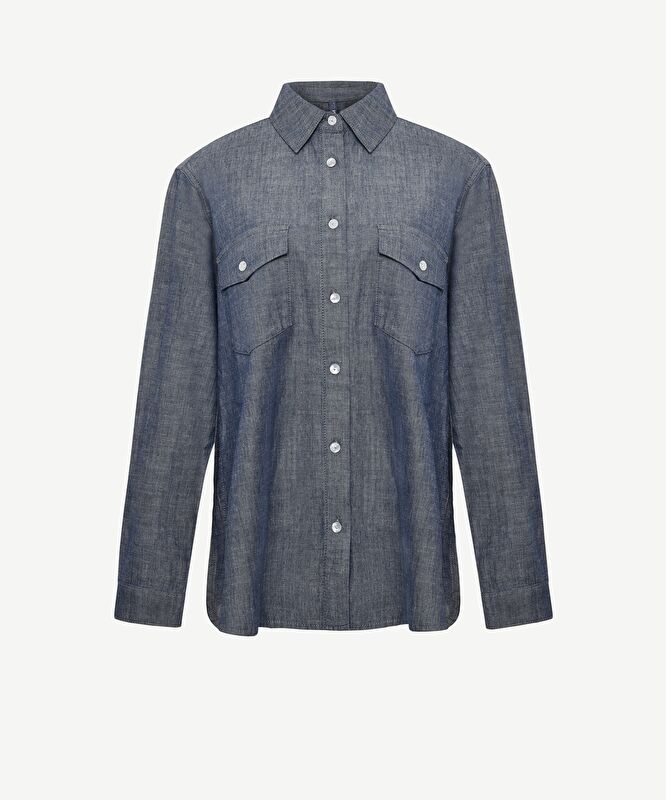 Yırtmaç Detaylı Uzun Kollu Denim Gömlek