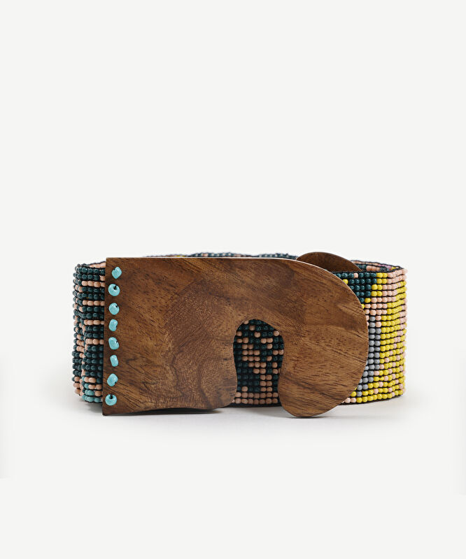 Yaprak Desenli Elastik Boncuk Kemer