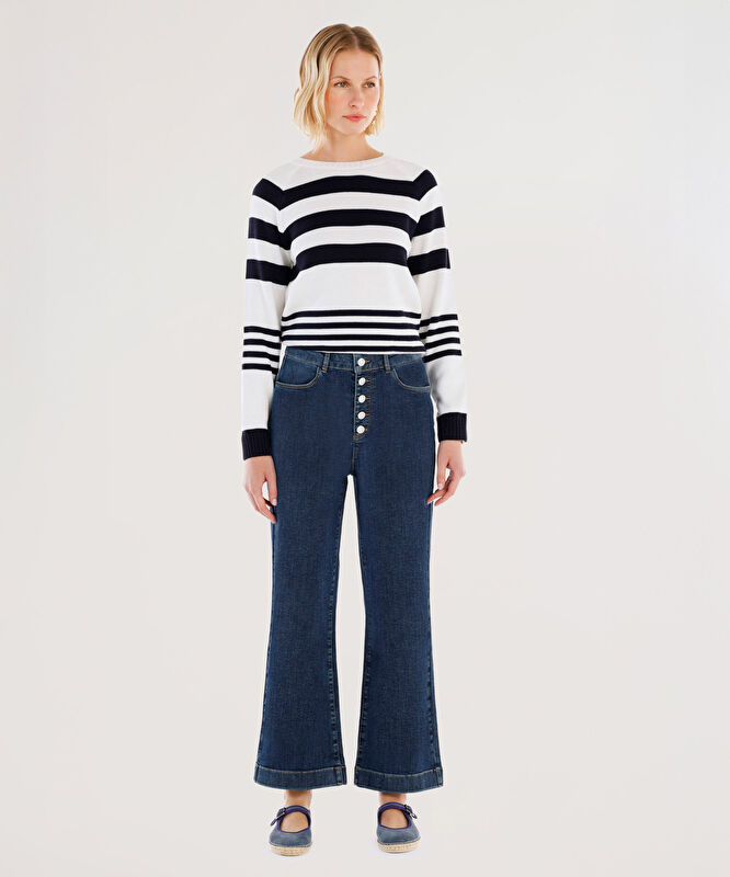 Düğme Detaylı İspanyol Paça Normal Bel Denim Pantolon