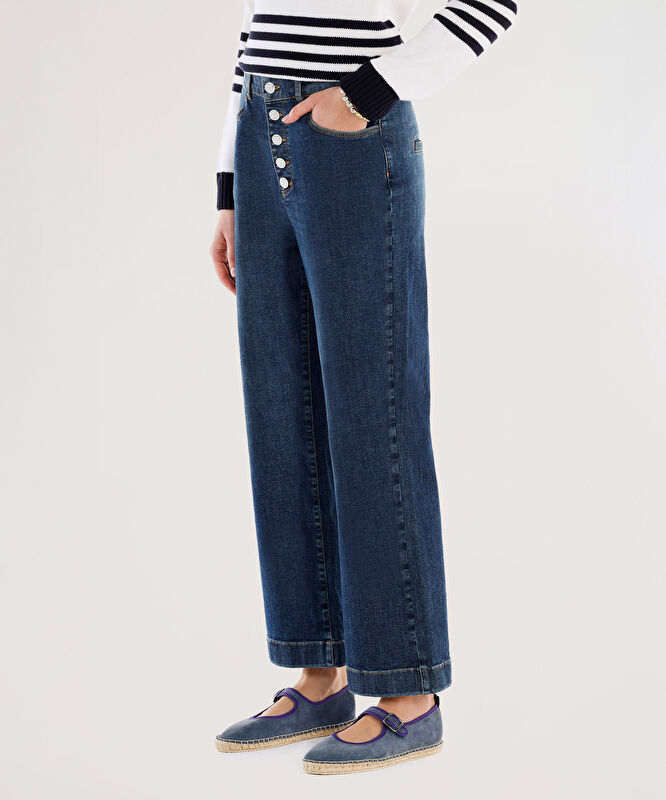Düğme Detaylı İspanyol Paça Normal Bel Denim Pantolon