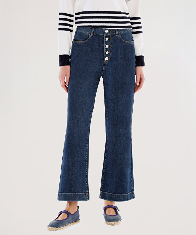 Düğme Detaylı İspanyol Paça Normal Bel Denim Pantolon