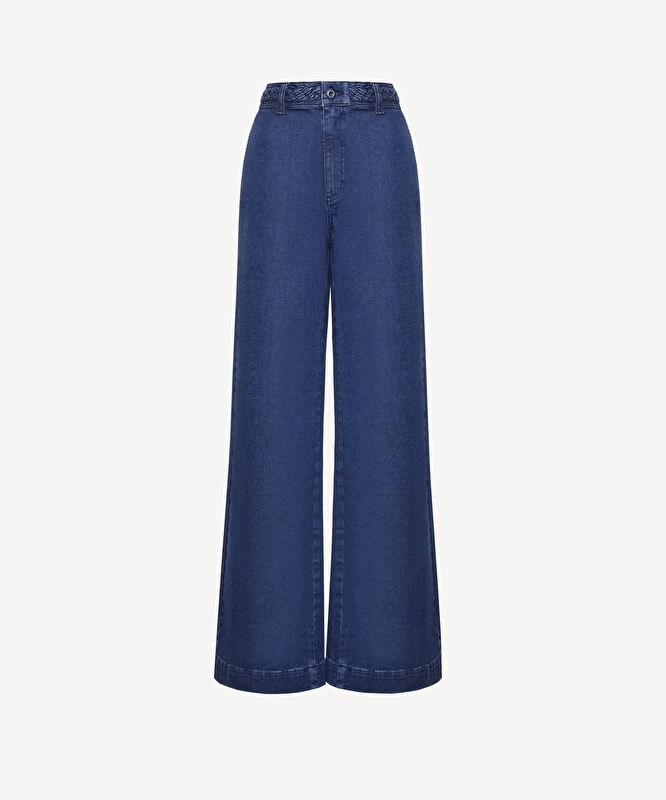 Örgü Kemer Detaylı Yüksek Bel Geniş Paça Denim Pantolon